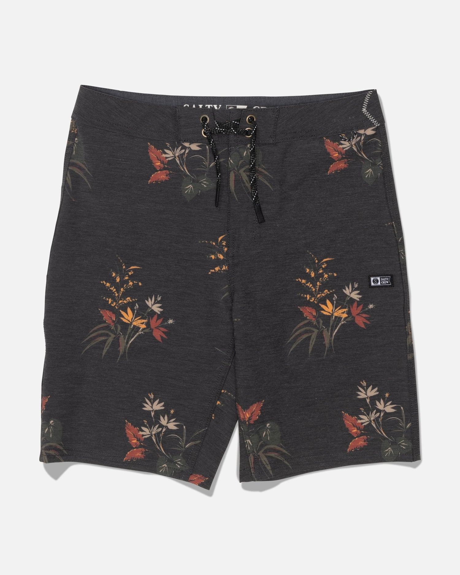 Introducing the Salty Crew Crew 17″ Boys Boardshort in Off Black—a stylish pair of dark gray board shorts featuring a vibrant floral pattern in shades of red, yellow, and green. Crafted from comfortable fabric with 4-way stretch for optimal movement, these shorts come equipped with a drawstring waistband and a small patch on the right leg for added detail.