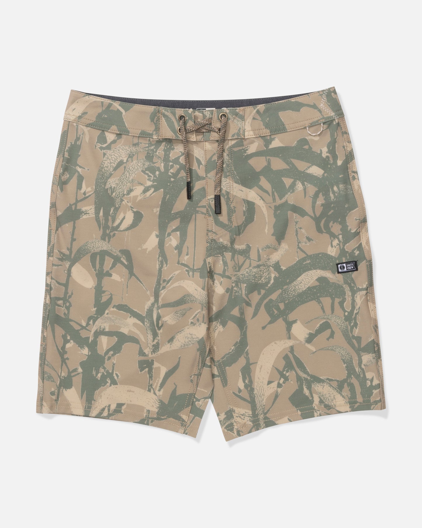 The Salty Crew Boys Boardshort - Sand Camo features a tan and green camouflage print with a subtle plant pattern, comfortable 4-way stretch fabric, straight leg, drawstring waistband, and a small brand patch on the left leg.