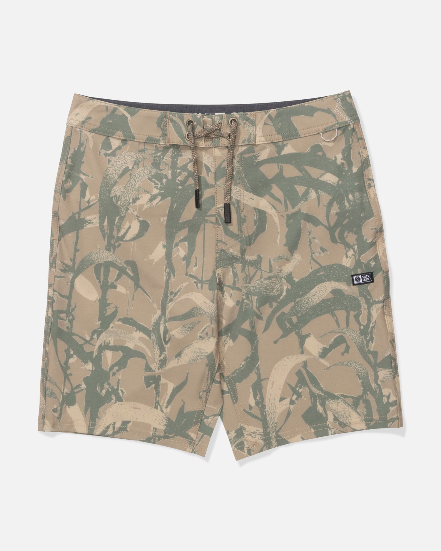 The Salty Crew Boys Boardshort - Sand Camo features a tan and green camouflage print with a subtle plant pattern, comfortable 4-way stretch fabric, straight leg, drawstring waistband, and a small brand patch on the left leg.