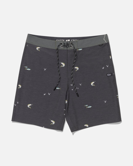 The Salty Crew “Crew 19” Boardshort“ in dark grey is crafted from recycled polyester and features a subtle fish and bird print, a black-and-white drawstring, and a small branded patch on the left leg. These straight-leg shorts are shown laid flat on a white background.