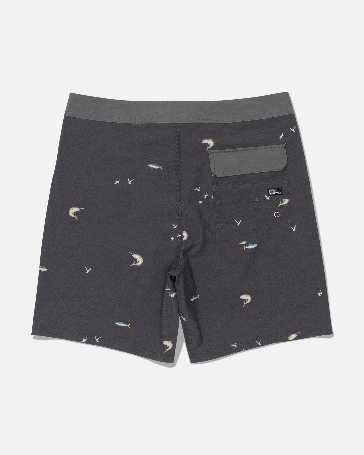 The Salty Crew Crew 19″ Boardshort in Dark Grey is crafted from recycled polyester and features a fish and bird print, a green waistband, and a single flap back pocket. Designed with straight leg styling and 4-way stretch, these boardshorts provide comfort and ease of movement.