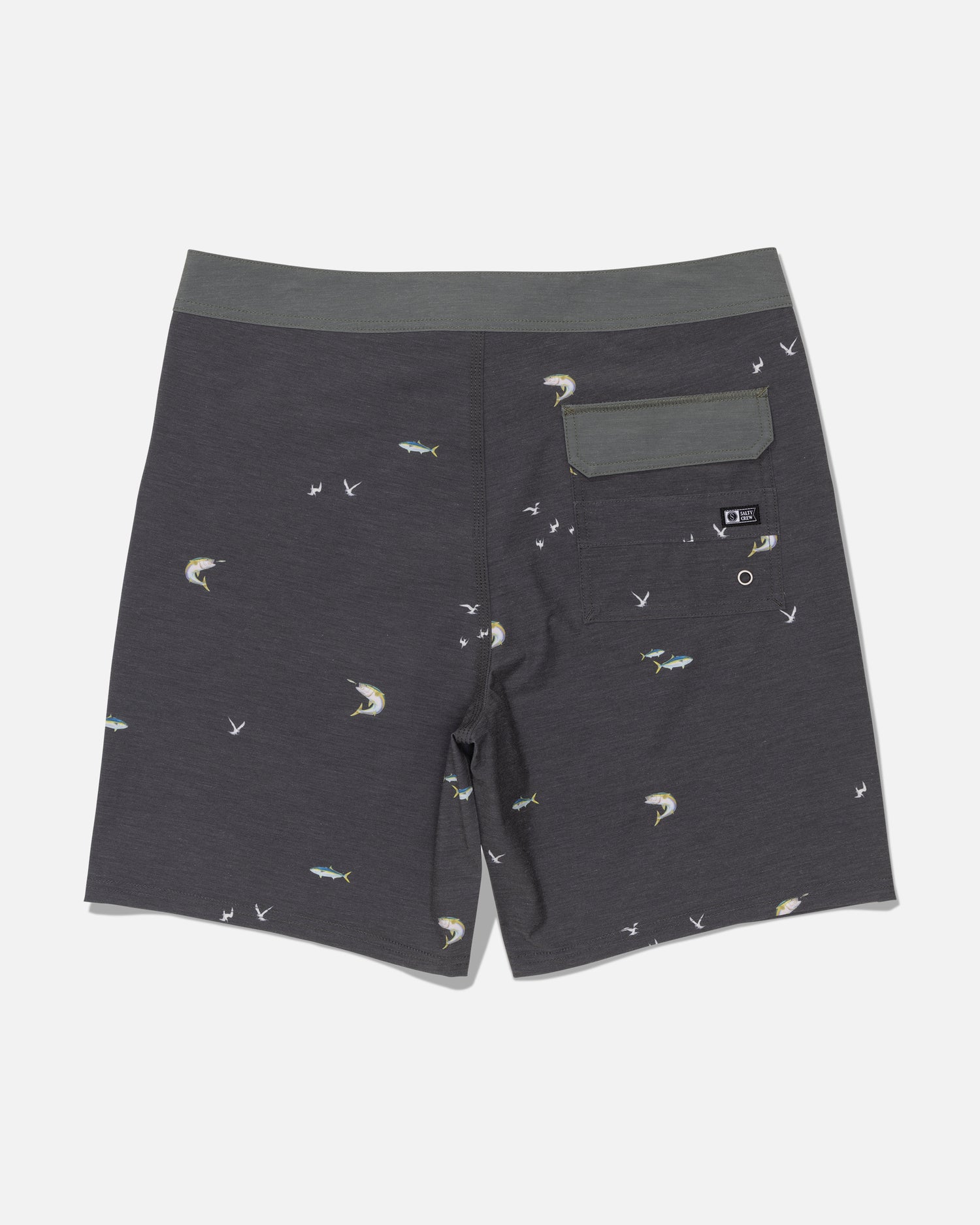 The Salty Crew Crew 19″ Boardshort in Dark Grey is crafted from recycled polyester and features a fish and bird print, a green waistband, and a single flap back pocket. Designed with straight leg styling and 4-way stretch, these boardshorts provide comfort and ease of movement.