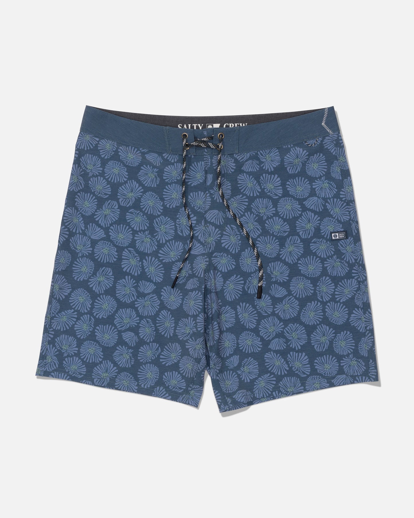 Salty Crew Crew 19″ Boardshort - Hitch Blue, made from recycled polyester and adorned with a leafy pattern, features a straight leg fit, black drawstring, and a small logo patch on the left leg; displayed against a plain white background.