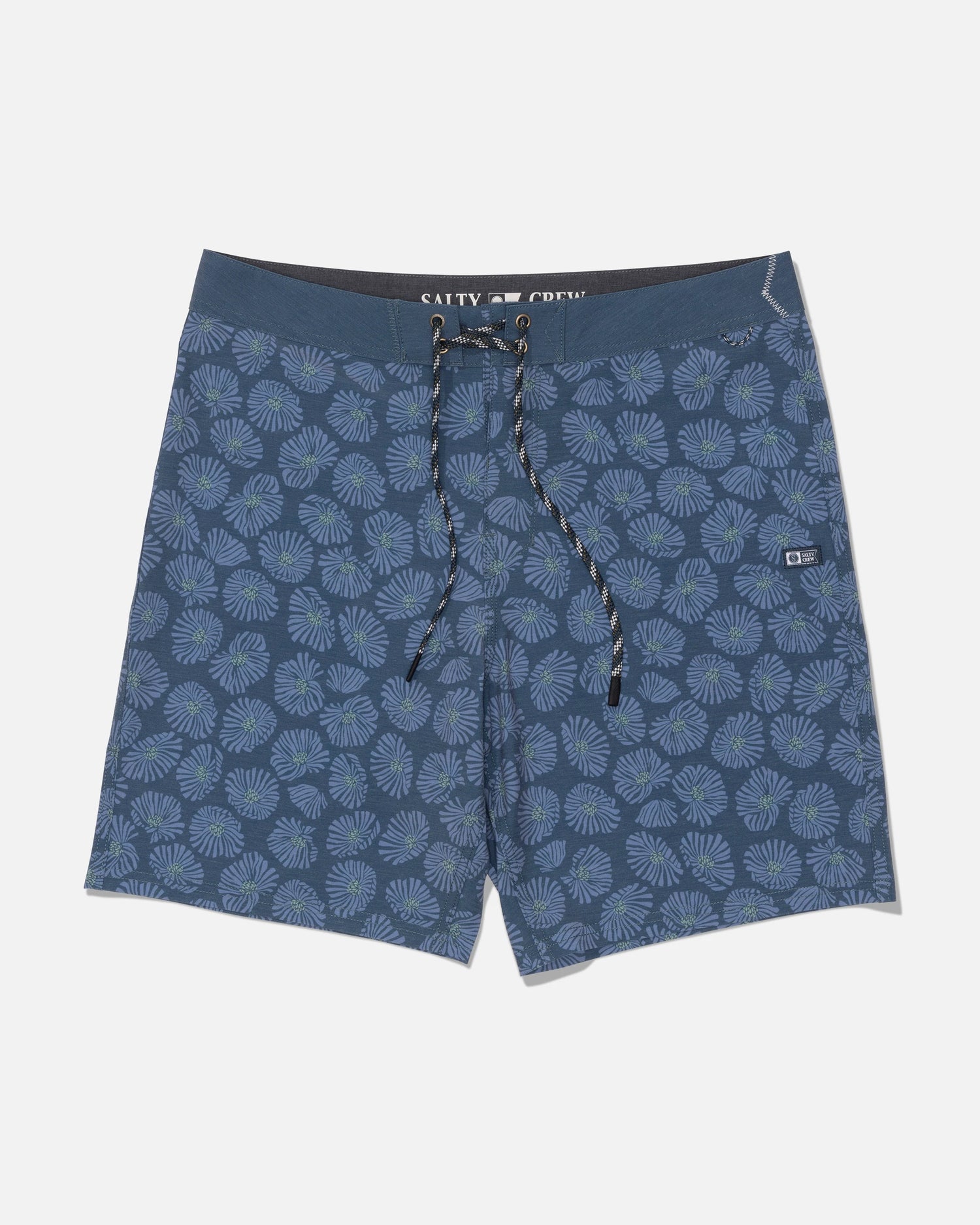 Salty Crew Crew 19″ Boardshort - Hitch Blue, made from recycled polyester and adorned with a leafy pattern, features a straight leg fit, black drawstring, and a small logo patch on the left leg; displayed against a plain white background.