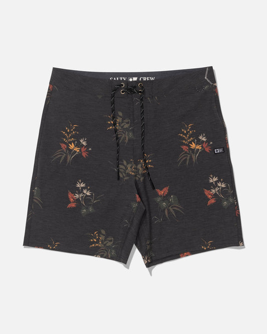 Experience ultimate comfort and style with the Salty Crew Crew 19″ Boardshort in Off Black. These straight leg board shorts feature a dark gray tropical floral print in muted tones, crafted from recycled polyester with 4-way stretch for flexibility. Finished with a black drawstring and a small black logo tag on the left side, they offer both versatility and eco-conscious design.