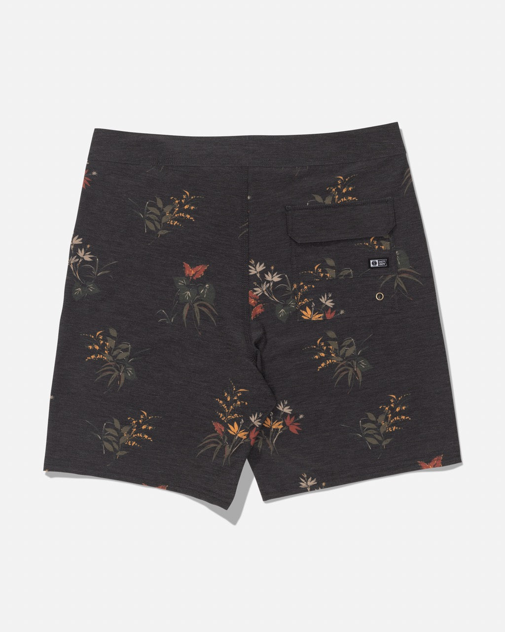 The Salty Crew Crew 19″ Boardshort in Off Black features a straight leg cut for a modern look, a subtle floral and butterfly pattern, a back pocket with button closure, and a small black label.