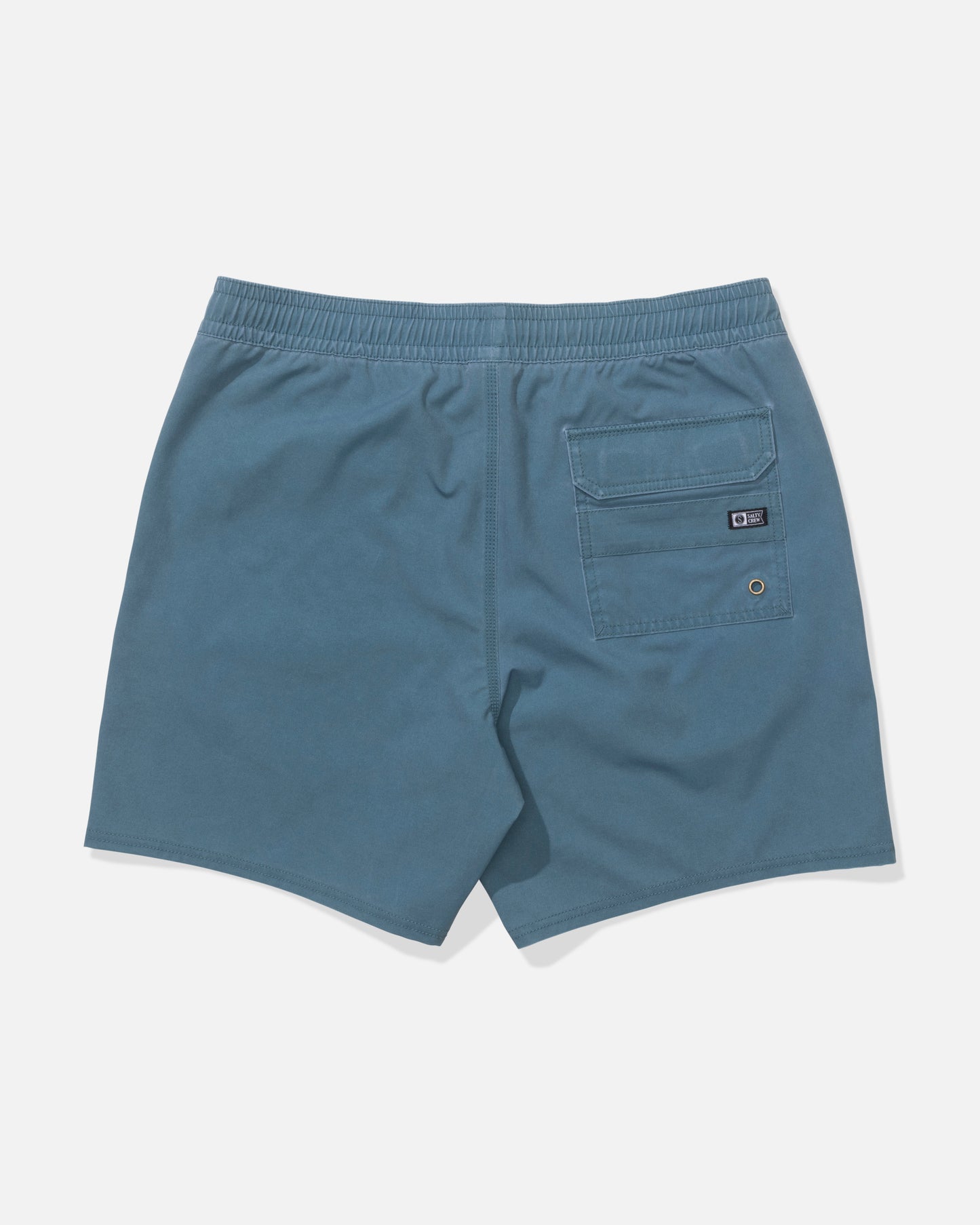 The Salty Crew Seadog Volley - Hydro are blue straight leg swim trunks with an elastic waistband and a buttoned right back pocket, made from quick-dry fabric. Shown flat on a white background, these performance shorts ensure all-day comfort.