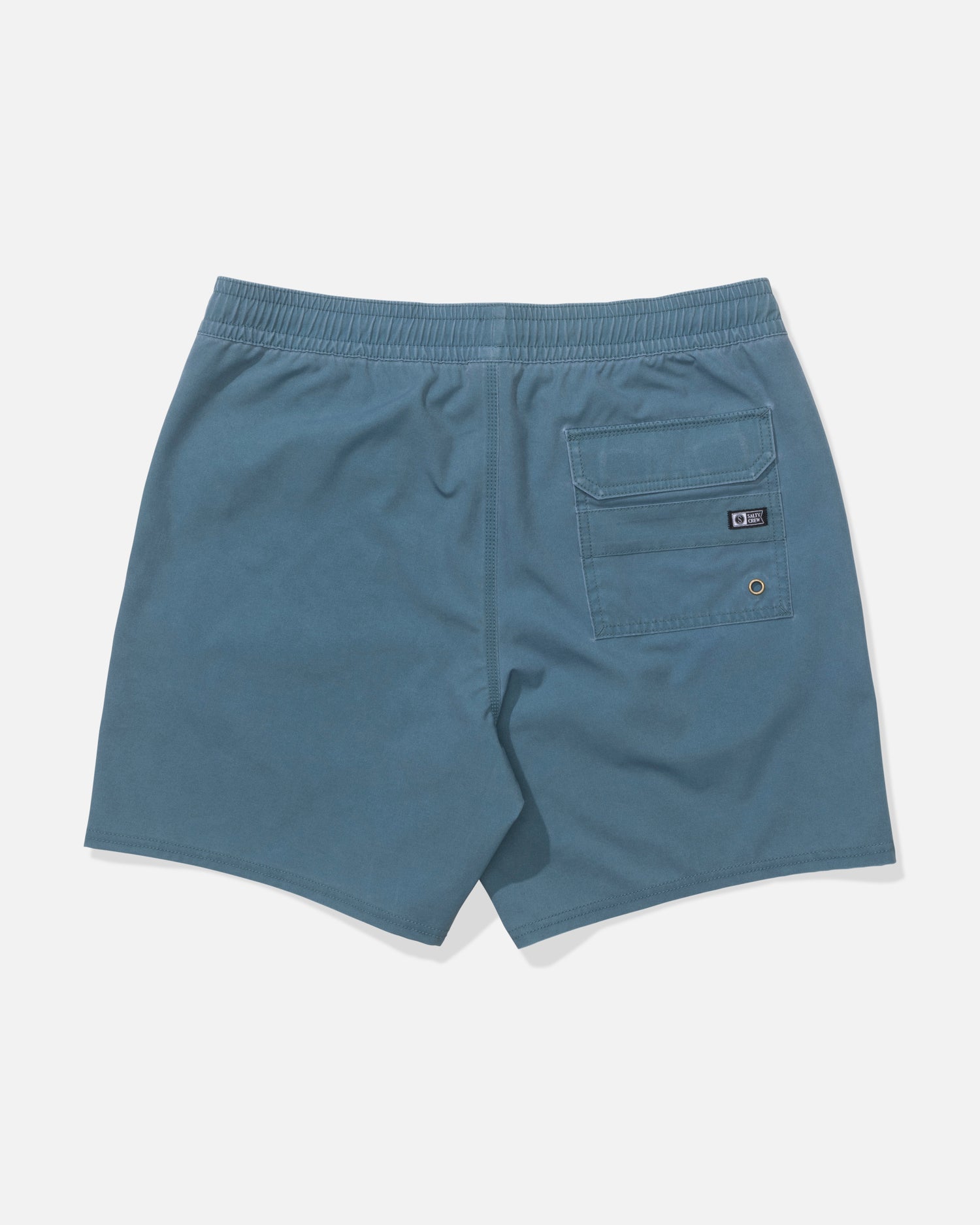 The Salty Crew Seadog Volley - Hydro are blue straight leg swim trunks with an elastic waistband and a buttoned right back pocket, made from quick-dry fabric. Shown flat on a white background, these performance shorts ensure all-day comfort.