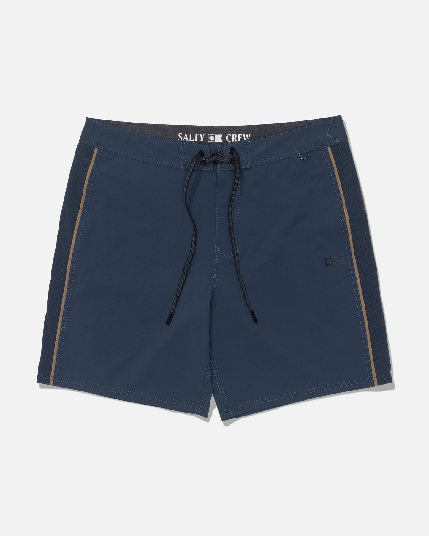 The Salty Crew Channel 18″ Apex Boardshort in navy features a black drawstring, tan side stripes, and Salty Crew branding on the inner waistband. Crafted from 4-way stretch quick-dry fabric for ultimate comfort, these straight-leg performance shorts are shown against a white background.