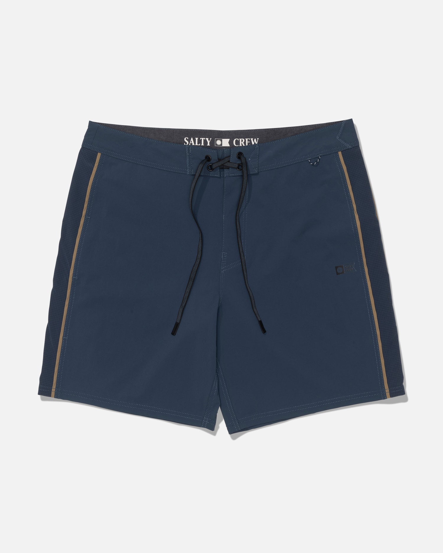The Salty Crew Channel 18″ Apex Boardshort in navy features a black drawstring, tan side stripes, and Salty Crew branding on the inner waistband. Crafted from 4-way stretch quick-dry fabric for ultimate comfort, these straight-leg performance shorts are shown against a white background.