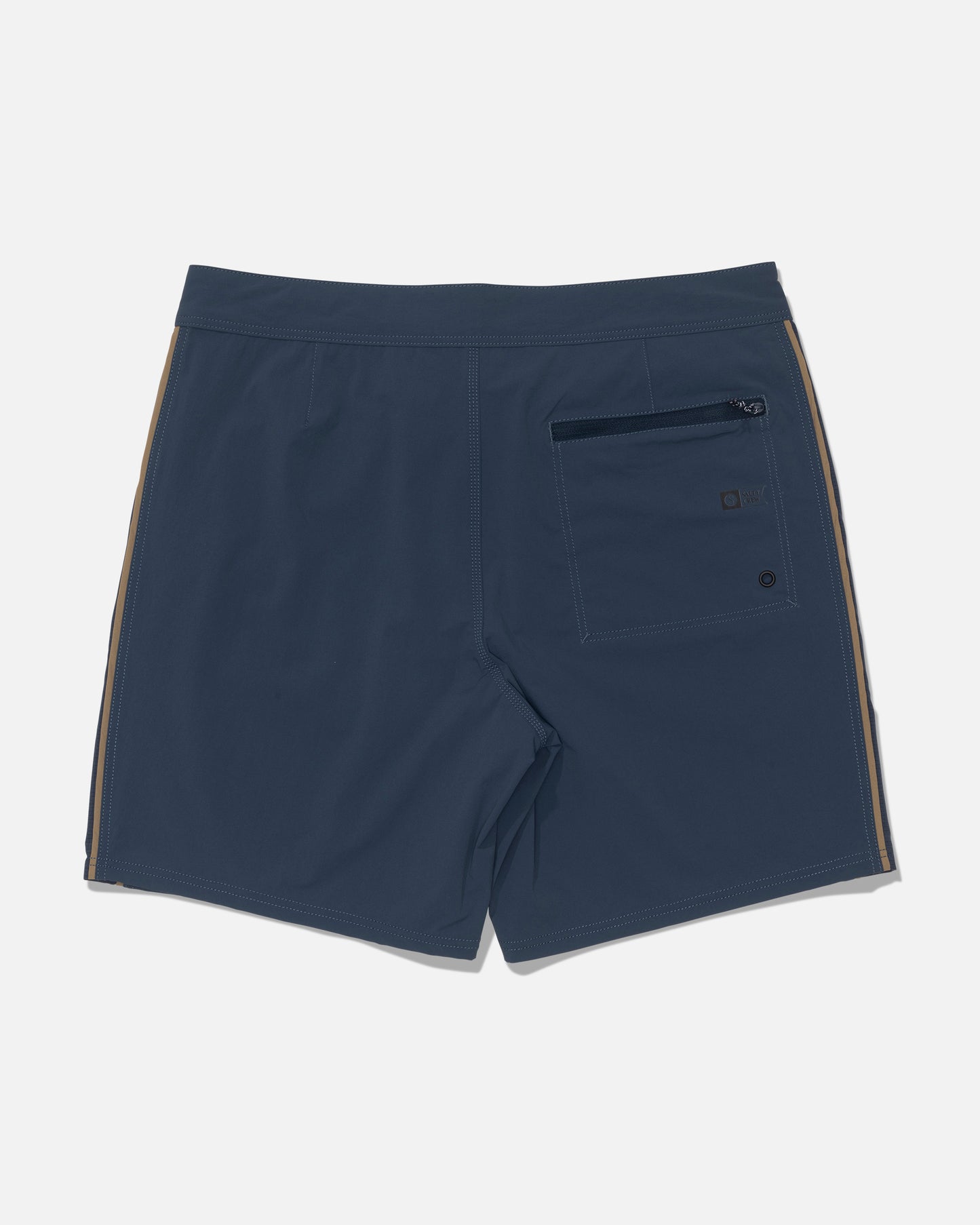 Salty Crew Channel 18″ Apex Boardshort in navy, featuring straight leg design, tan side stripes, a back zippered pocket, quick-dry fabric, and 4-way stretch, laid flat on a white background.