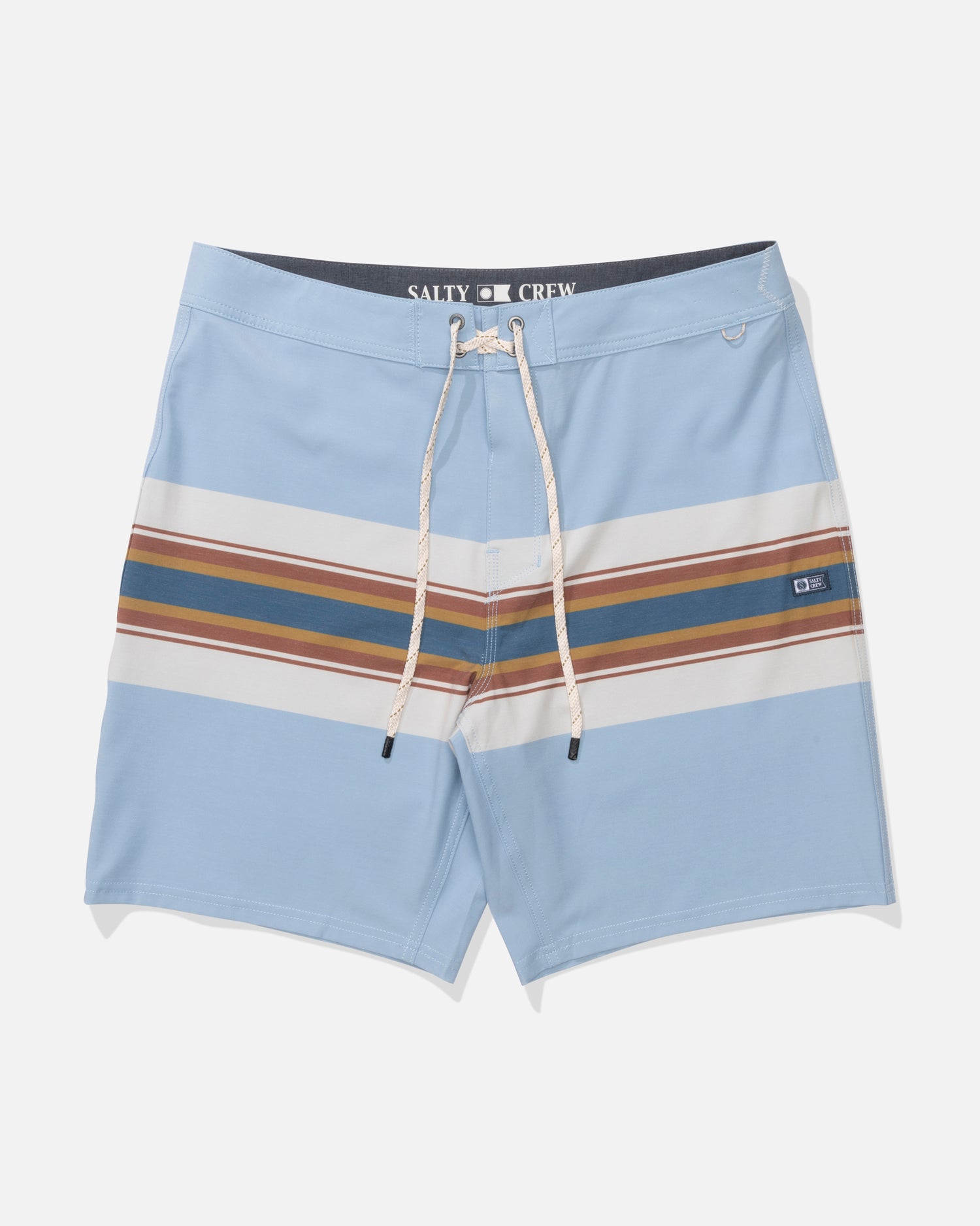Front view of the Crew Stripe Boardshort - Coast Blue. 