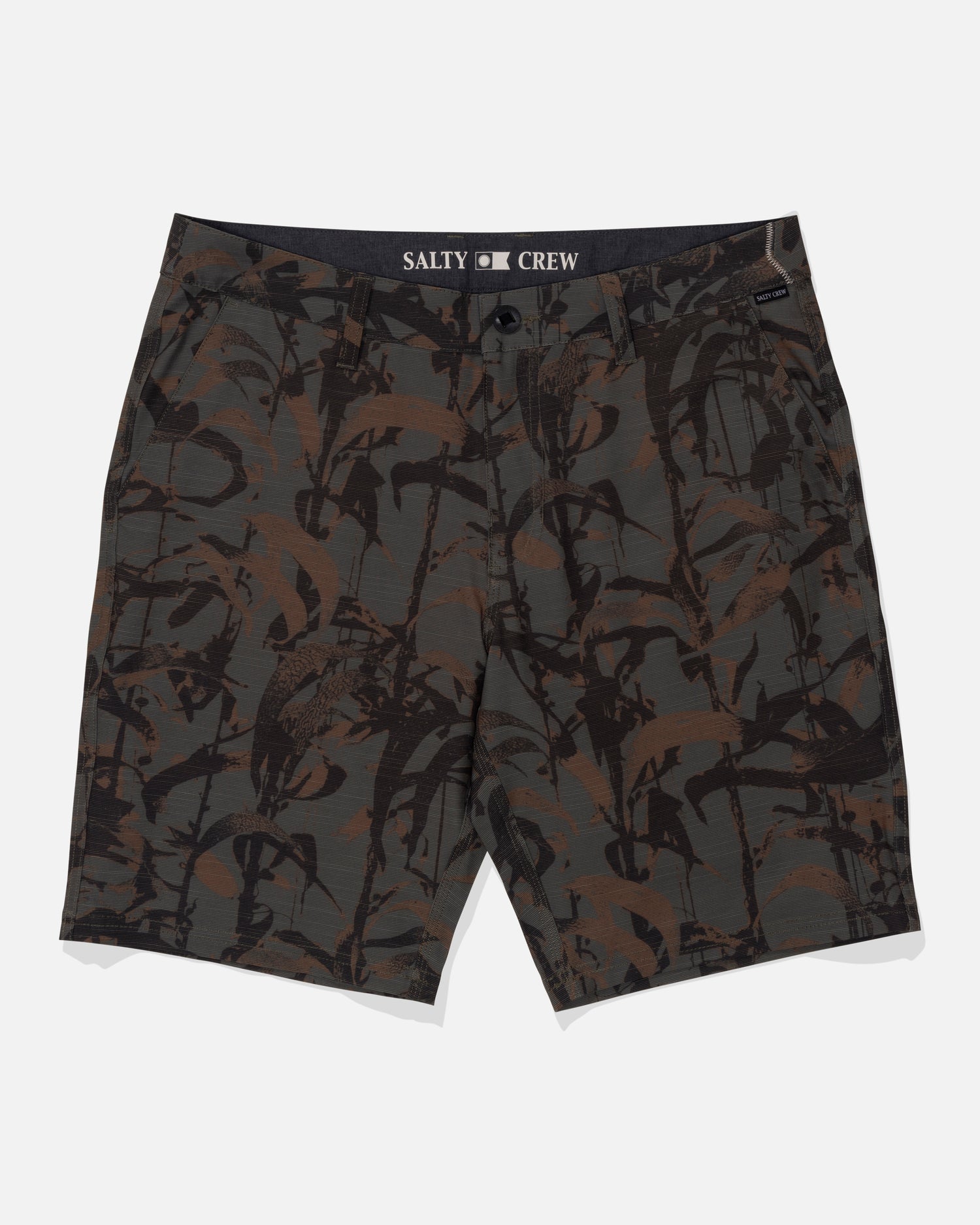 The Salty Crew Drifter 19" Slub Hybrid Short in Dark Kelp Camo features a button and zip closure, front and back pockets, inner waistband branding, and is made from quick-dry recycled performance fabric.