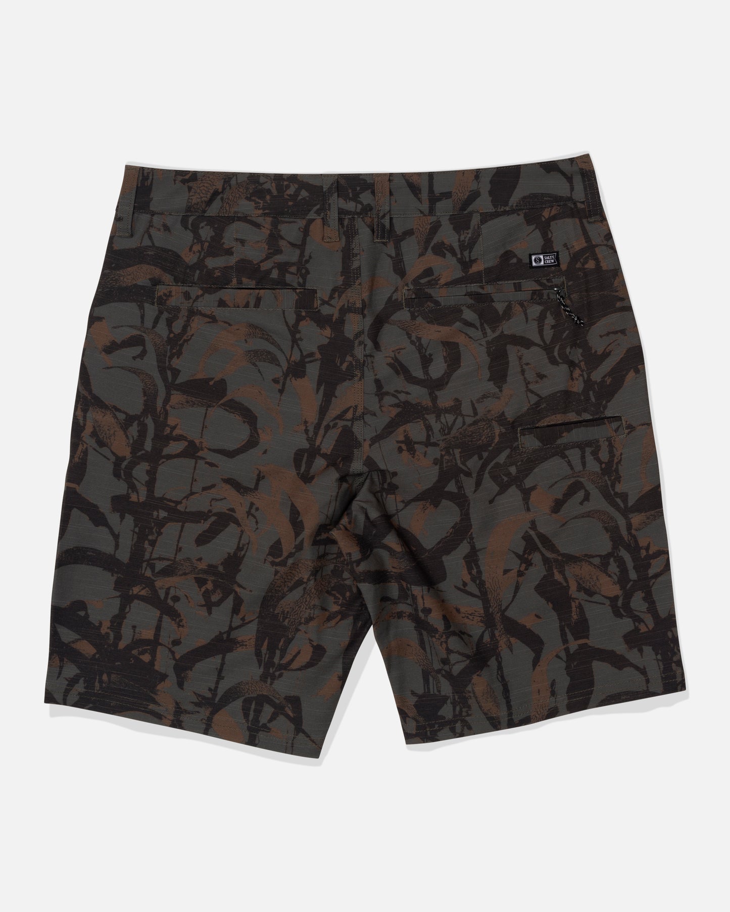 Back view of Salty Crew Drifter 19" Slub Hybrid Short in Dark Kelp Camo, featuring brown/black camo, 4-way stretch recycled fabric, belt-loop waistband, two back pockets, and a black label above the right pocket.