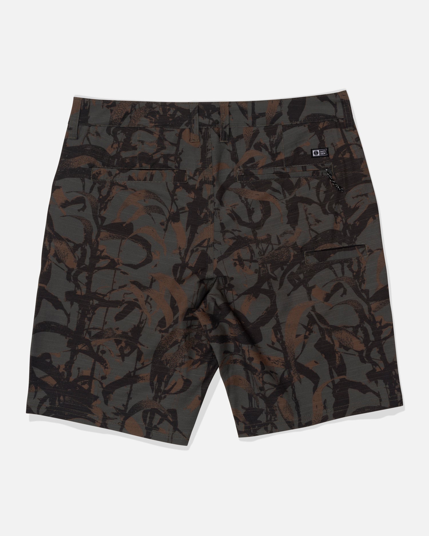 Back view of Salty Crew Drifter 19" Slub Hybrid Short in Dark Kelp Camo, featuring brown/black camo, 4-way stretch recycled fabric, belt-loop waistband, two back pockets, and a black label above the right pocket.