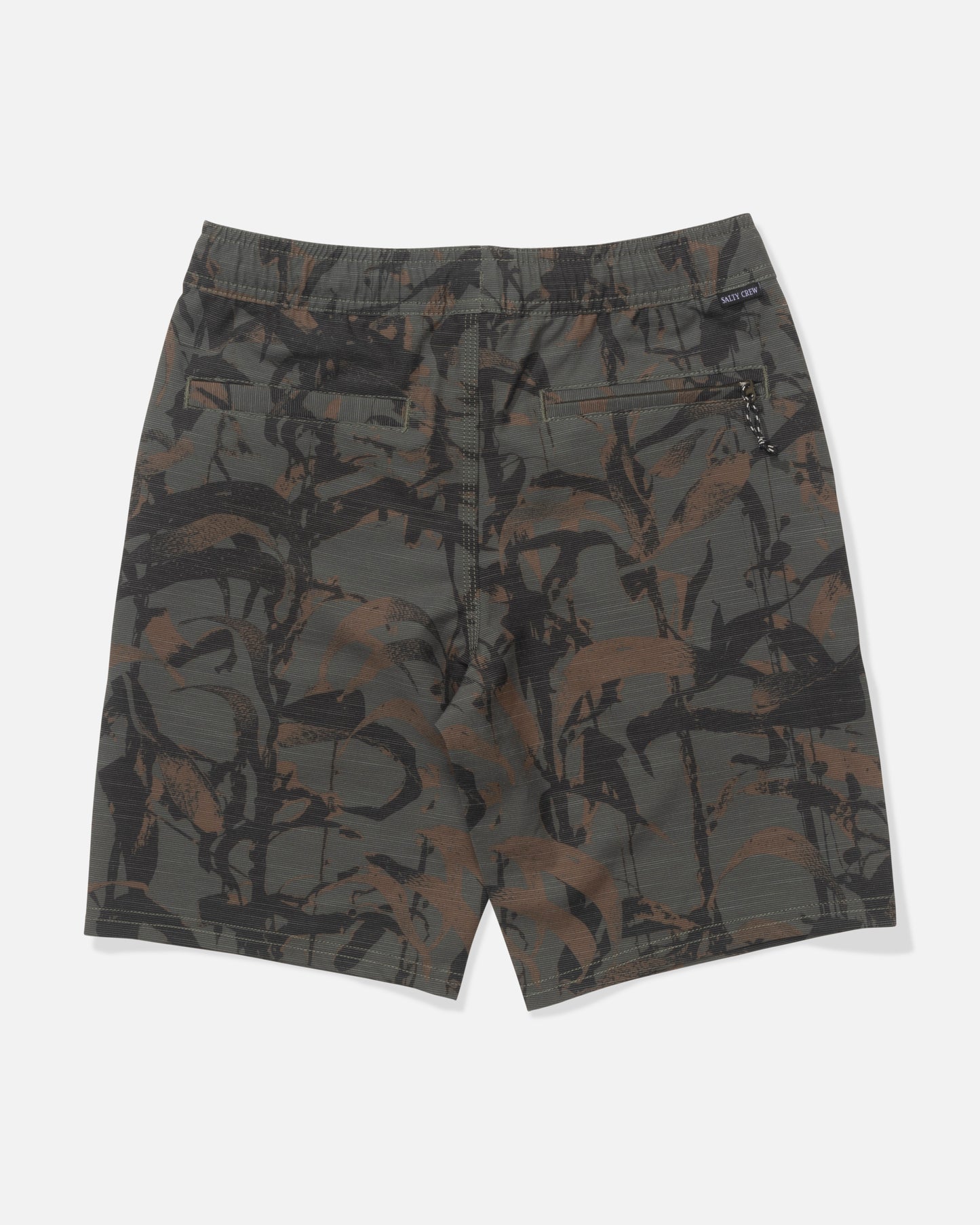Back view of Salty Crew Drifter Boys Elastic Hybrid shorts in Kelp Camo, featuring an elastic waistband, two back pockets, a black and brown camo pattern, and a small black tag on the waistband.