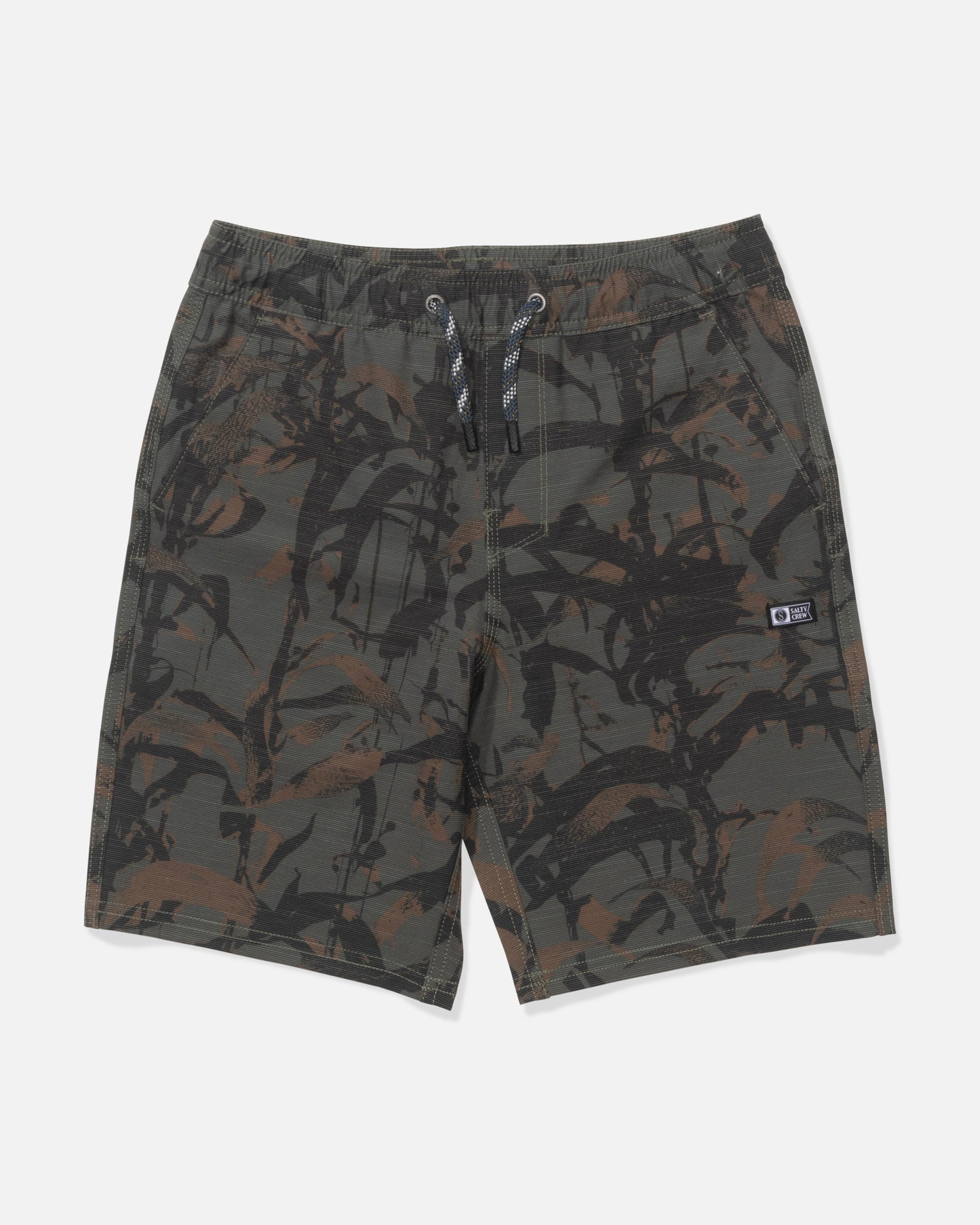 The Salty Crew Drifter Boys Elastic Hybrid - Kelp Camo shorts feature a green, brown, and black abstract camo print, an elastic waistband with drawstring, quick-dry fabric, and a small rectangular logo patch on the left leg.