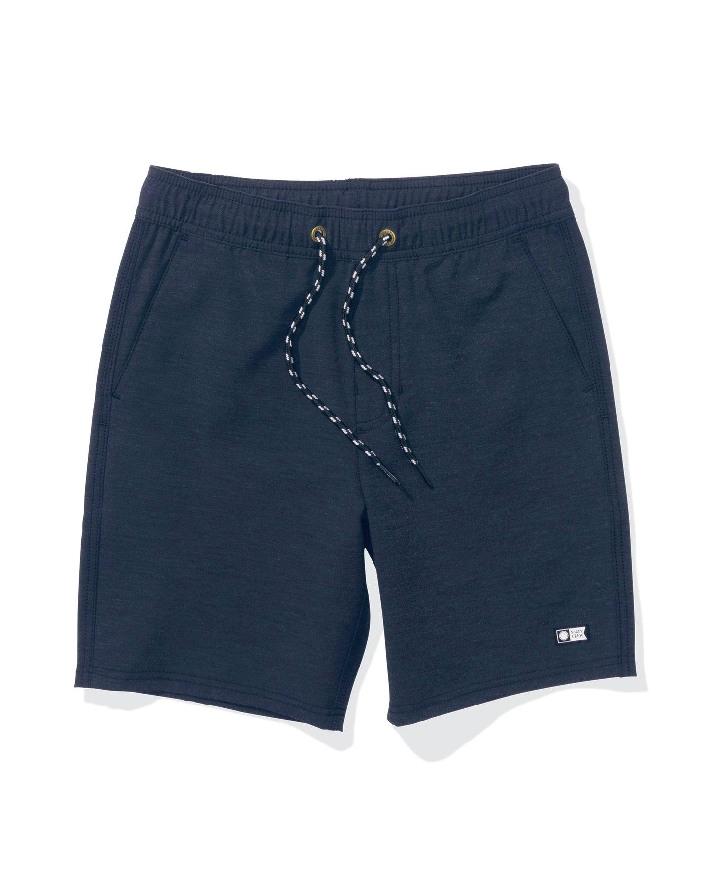 The Salty Crew Drifter 16" Boys Elastic Hybrid in Midnight Navy features front pockets, a drawstring waist, a small logo patch on the left hem, and is crafted from 4-way stretch fabric for comfort.