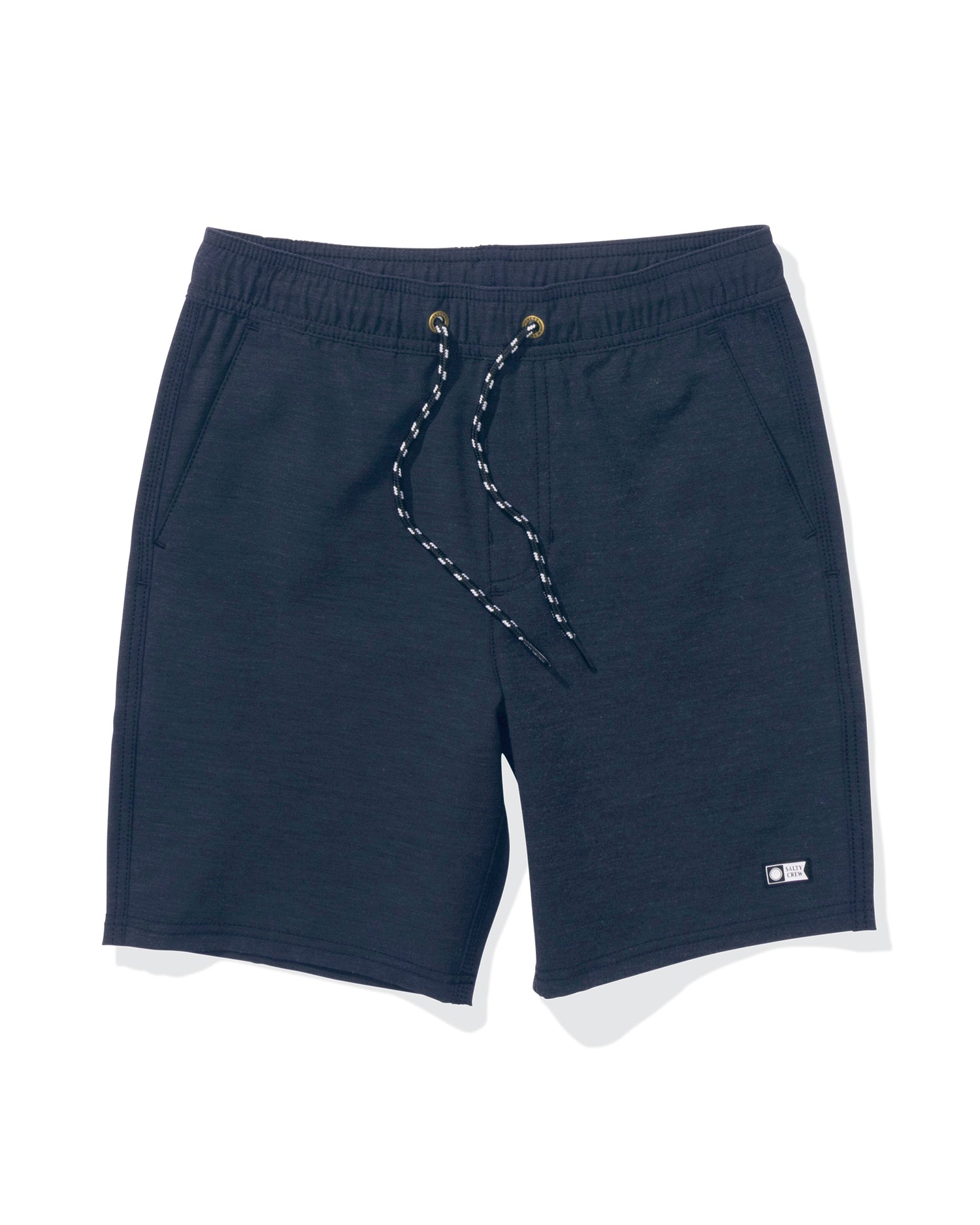 The Salty Crew Drifter 16" Boys Elastic Hybrid in Midnight Navy features front pockets, a drawstring waist, a small logo patch on the left hem, and is crafted from 4-way stretch fabric for comfort.