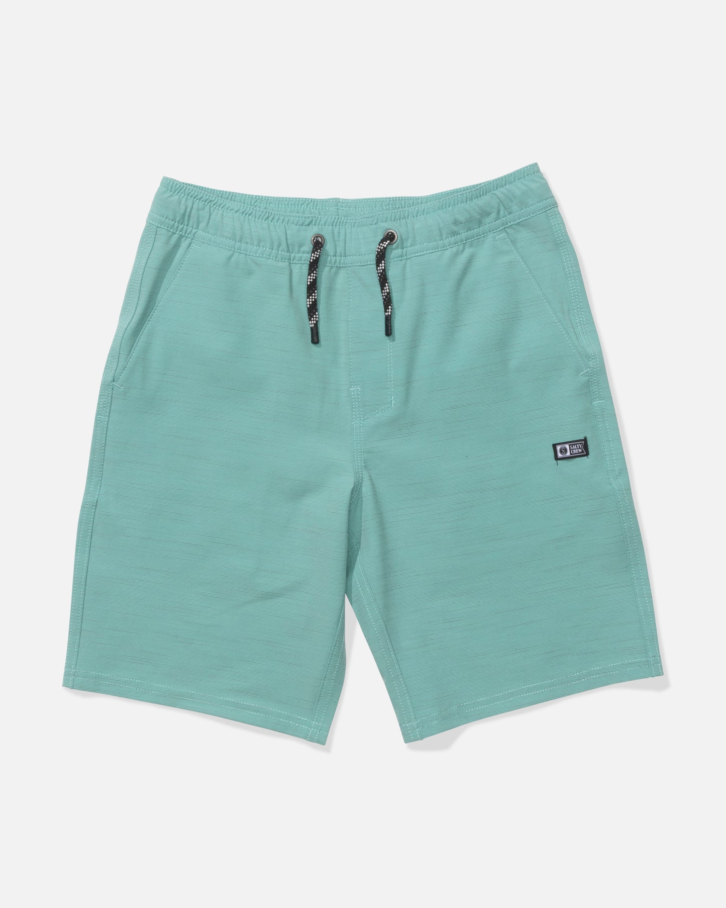 The Salty Crew Drifter 16" Boys Elastic Hybrid Shorts in Seaside feature quick dry fabric, side pockets, and a black logo patch on the right leg, displayed on a white background.