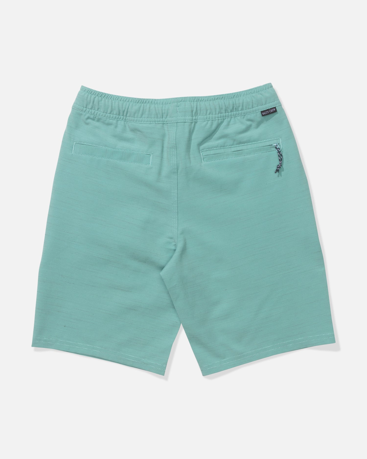 The Salty Crew Drifter 16" Boys Elastic Hybrid Shorts in Seaside are light teal, straight leg, with two back pockets (one zippered), an elastic waistband, and crafted from 4-way stretch fabric for comfort and flexibility.