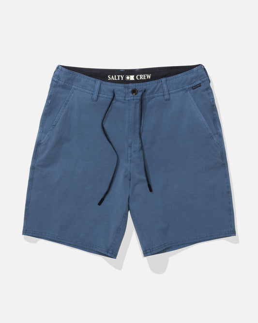 Front view of the Transom Overdye Short - Mid Blue. 