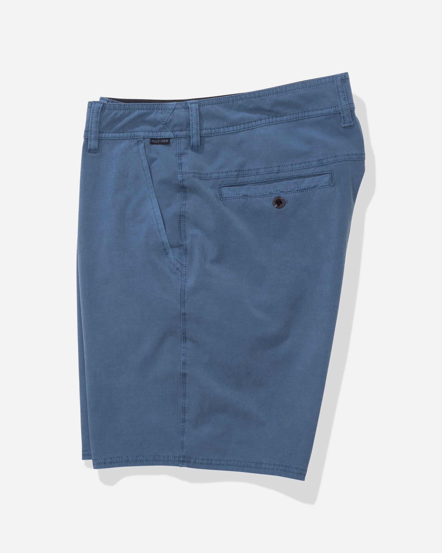 Profile view of the Transom Overdye Short - Mid Blue. 
