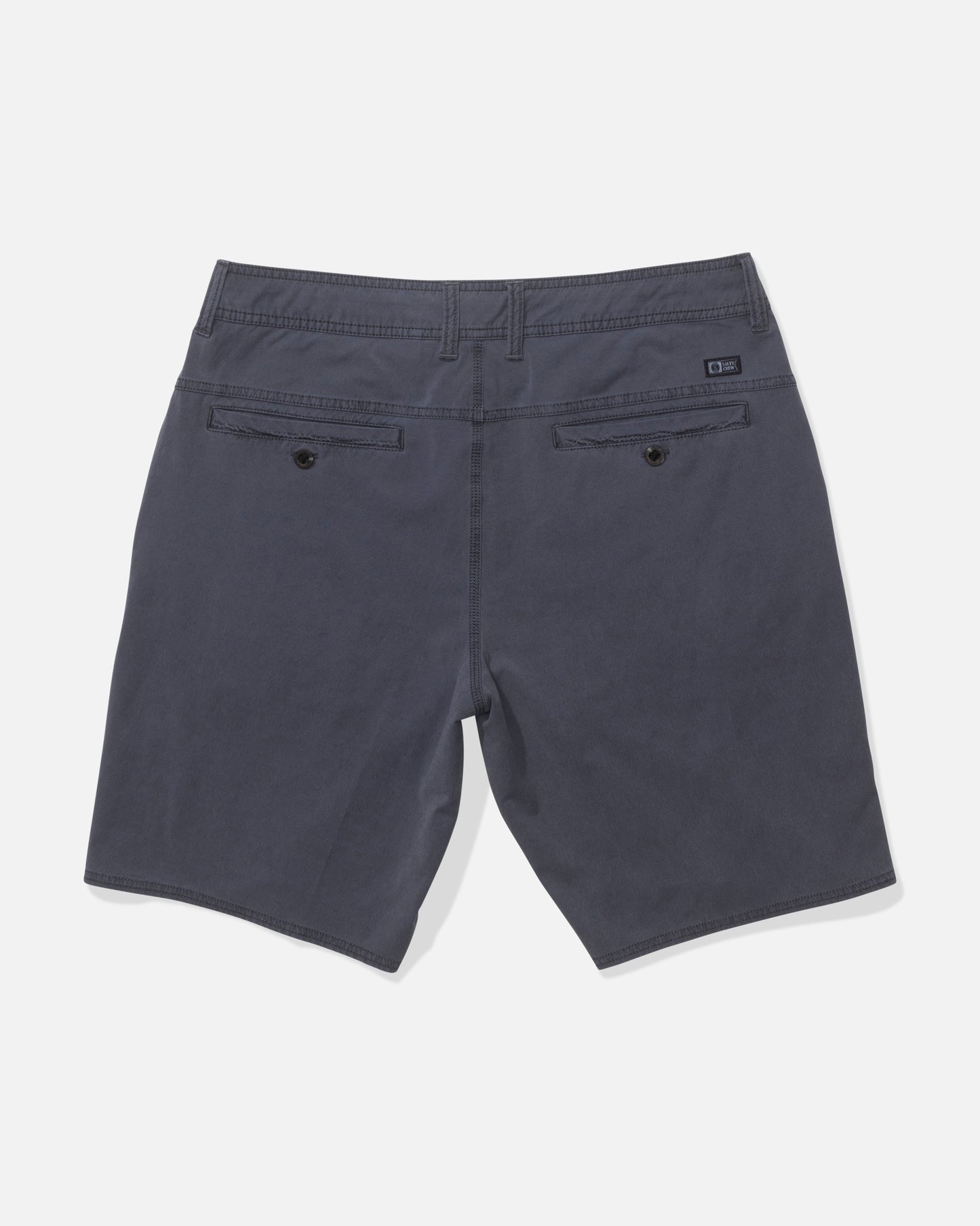 Back view of Salty Crew’s Transom 19" Overdye Short in Magnet, featuring belt loops, two back button pockets, visible stitching, and quick-dry fabric, laid flat on a white background.