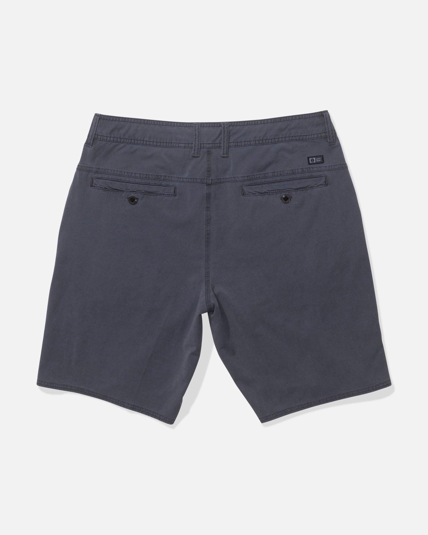 Back view of Salty Crew’s Transom 19" Overdye Short in Magnet, featuring belt loops, two back button pockets, visible stitching, and quick-dry fabric, laid flat on a white background.