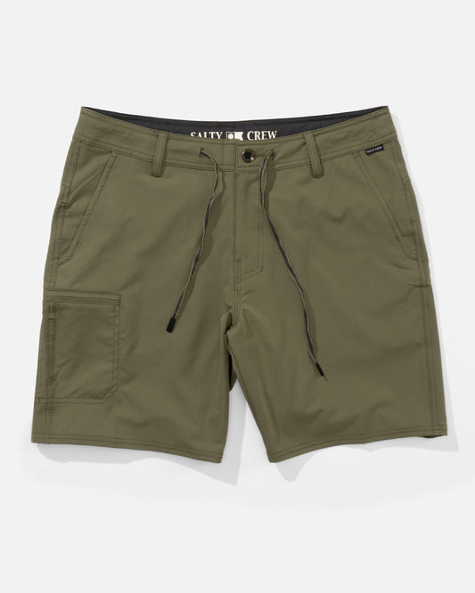 Front view of the Transom Tech Short - Dusty Olive. 