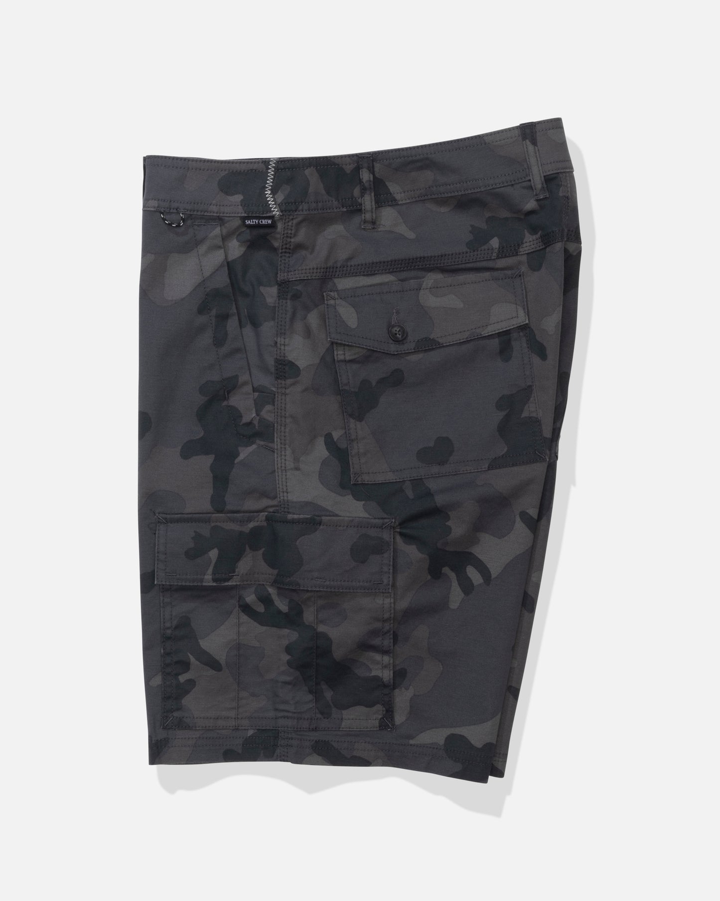 Profile view of the Transom Cargo Short - Black Camo. 