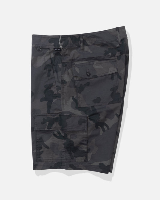 Profile view of the Transom Cargo Short - Black Camo. 