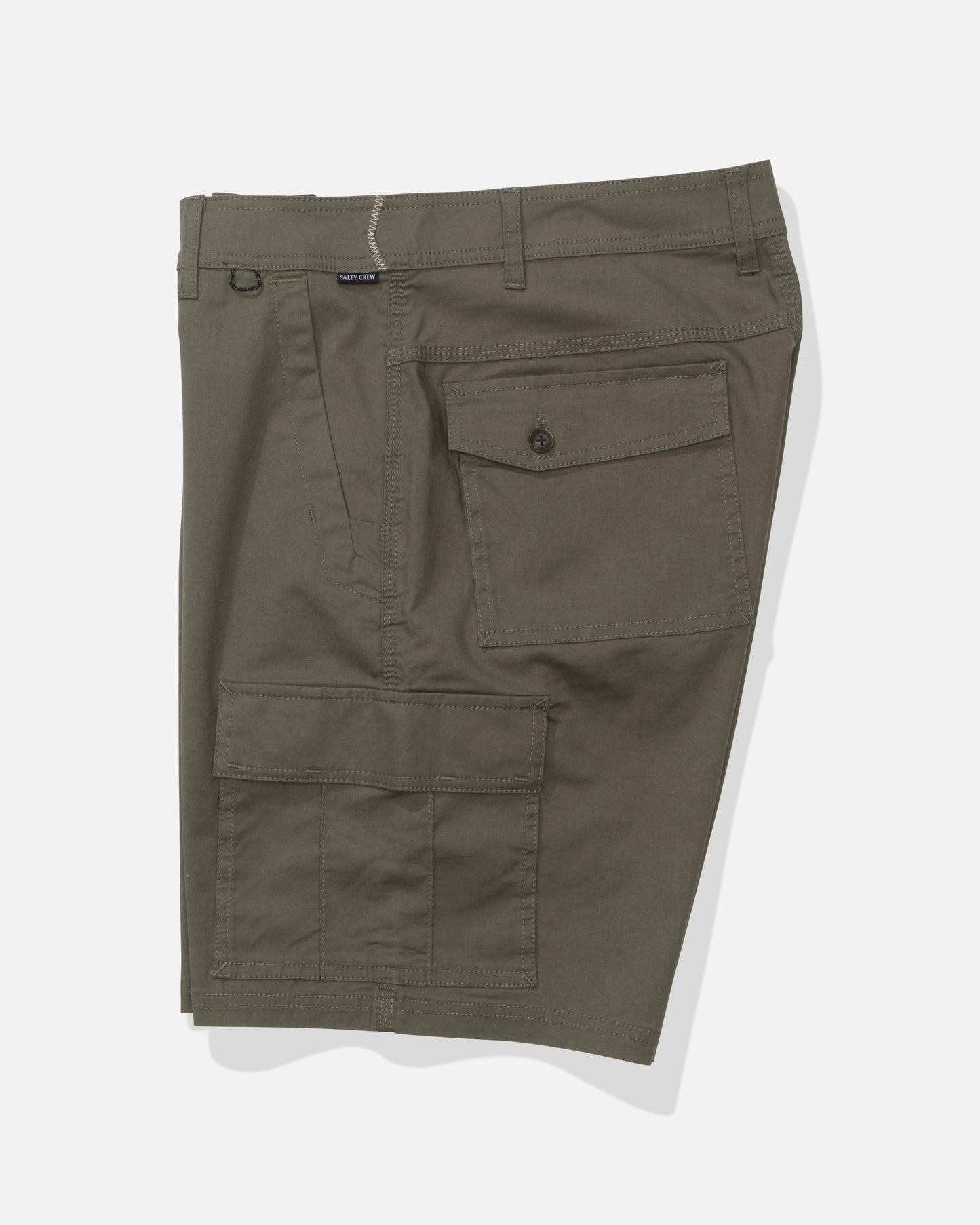 Profile view of the Transom Cargo Short - Dusty Olive. 