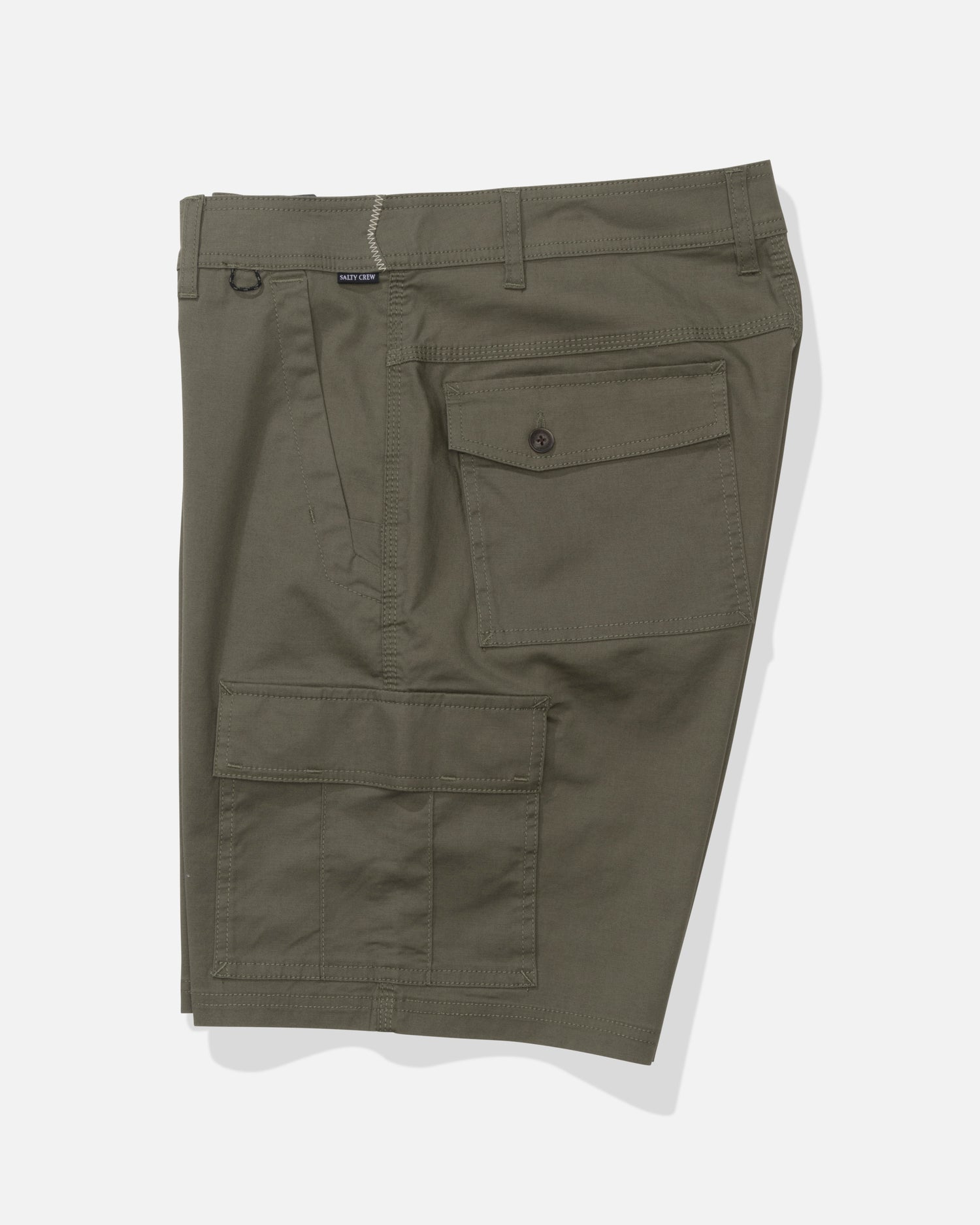 Profile view of the Transom Cargo Short - Dusty Olive. 