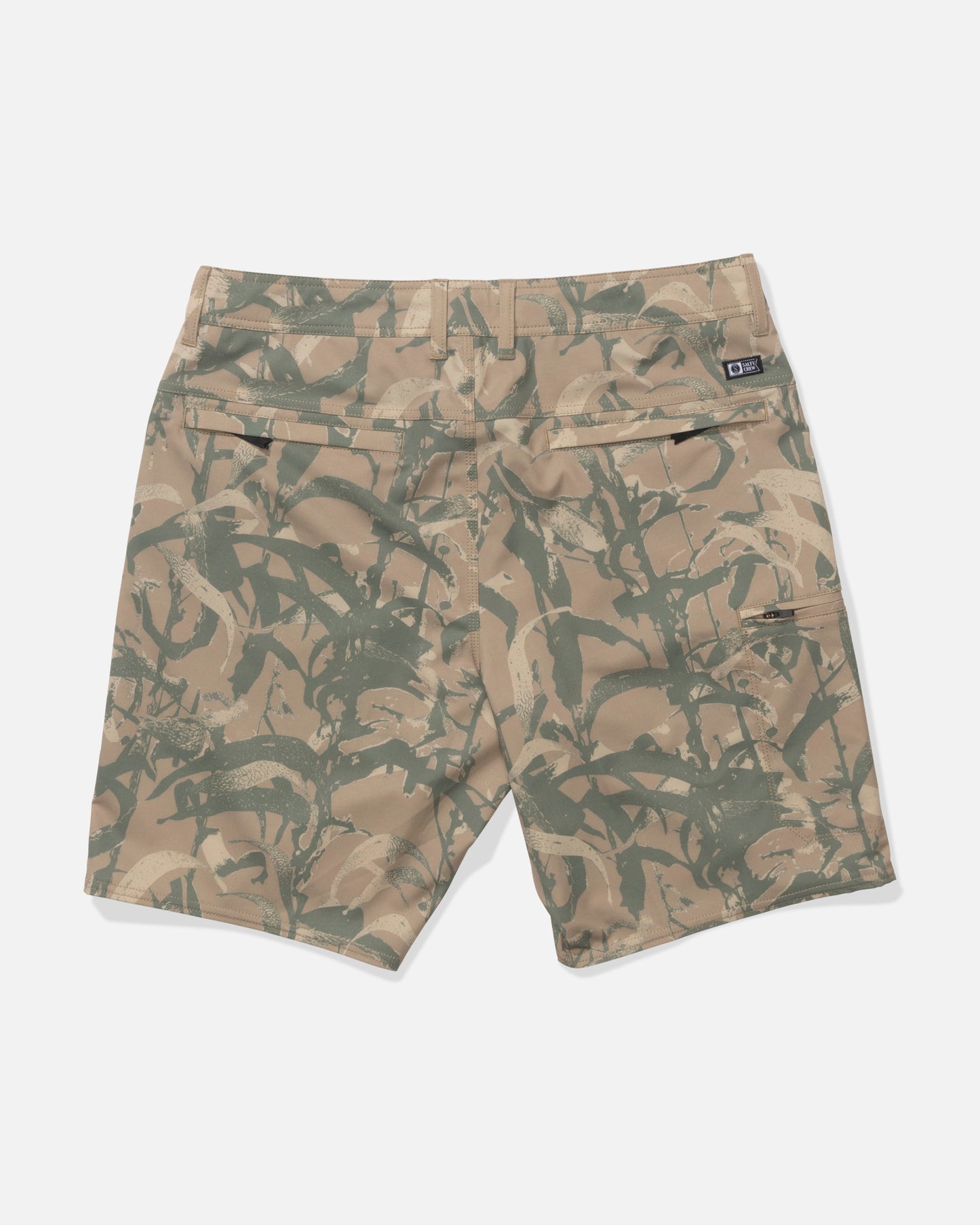Back view of Salty Crew Transom 19" Tech Short in Kelp Camo, made from recycled polyester, featuring two back pockets and a small black logo tag above the right pocket, shown on a white background.