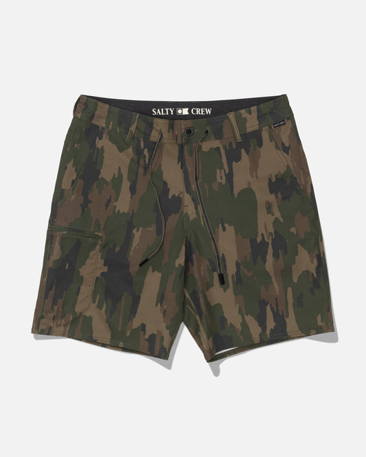 The Salty Crew Transom 19″ Tech Short - Ranger is a pair of green and brown camouflage straight leg shorts featuring a drawstring and button closure, with the Salty Crew logo on the waistband. Made from recycled polyester for quick-drying comfort, these shorts include side pockets and are shown against a plain white background.