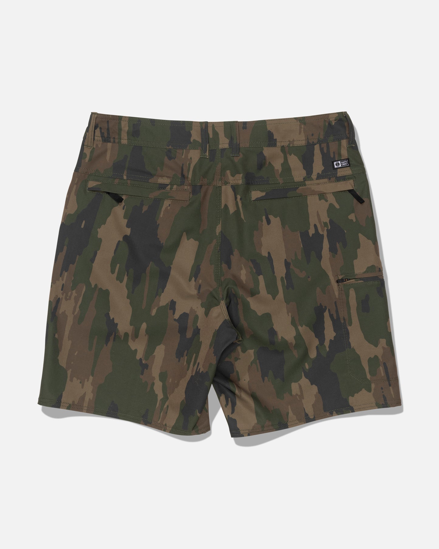 Salty Crew Transom 19″ Tech Short - Ranger features a green and brown camouflage pattern with a black waistband and two back pockets, crafted from quick-dry recycled polyester and shown on a white background.