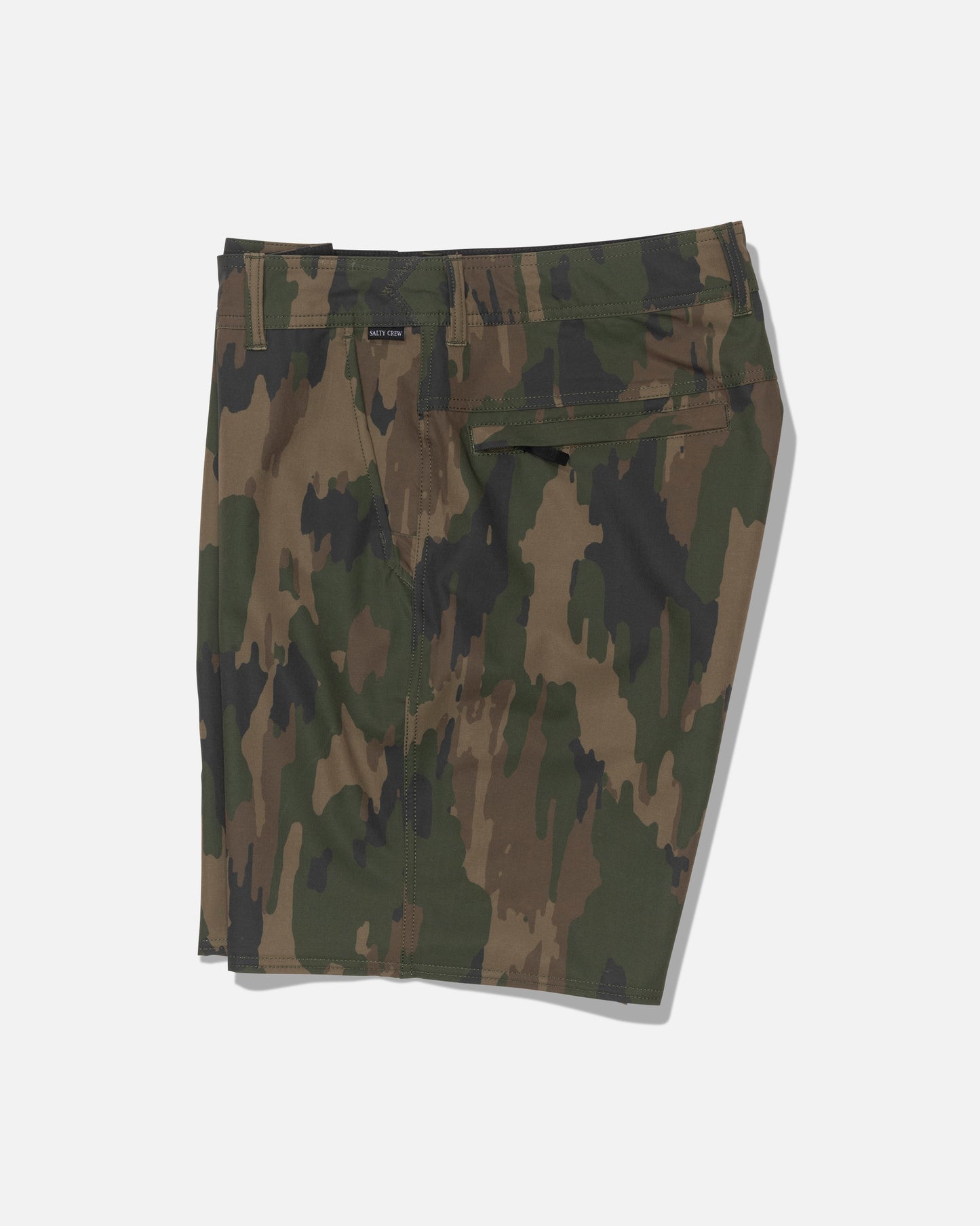 A pair of Salty Crew Transom 19″ Tech Shorts in the Ranger camouflage pattern, featuring quick-dry fabric and a back zipper pocket, laid flat on a white background.
