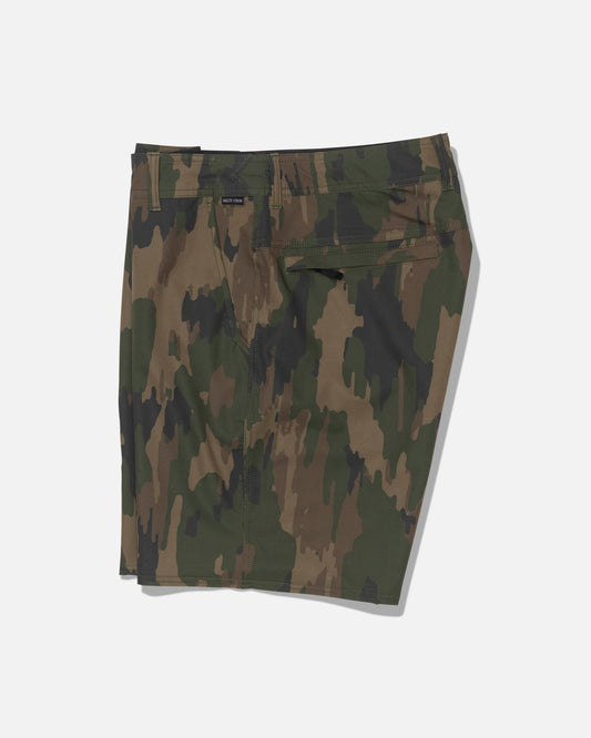 A pair of Salty Crew Transom 19″ Tech Shorts in the Ranger camouflage pattern, featuring quick-dry fabric and a back zipper pocket, laid flat on a white background.