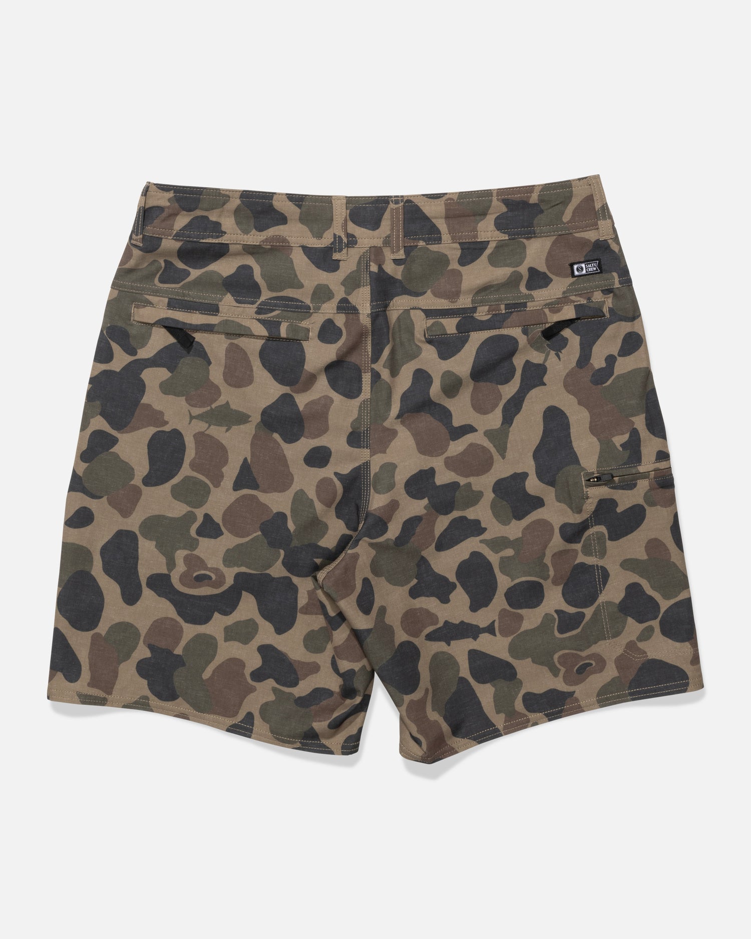 Back view of Salty Crew Transom 19" Tech Short in Sand Camo, featuring two rear pockets, a small black logo tag above the right pocket, and a lower right-side pocket with grommet.