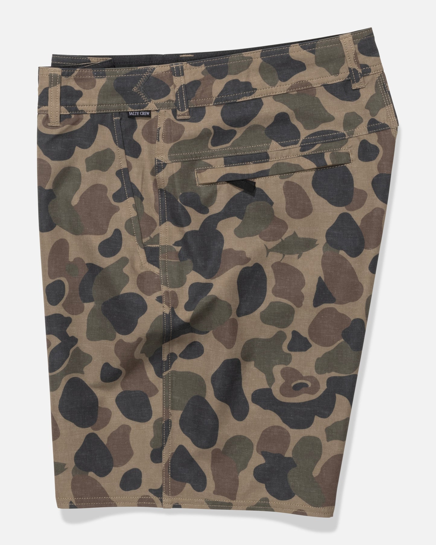 The Salty Crew Transom 19" Tech Short in Sand Camo features a green, brown, and black camo pattern, quick-dry recycled polyester, belt loops, a front zipper, and a back pocket with horizontal flap.