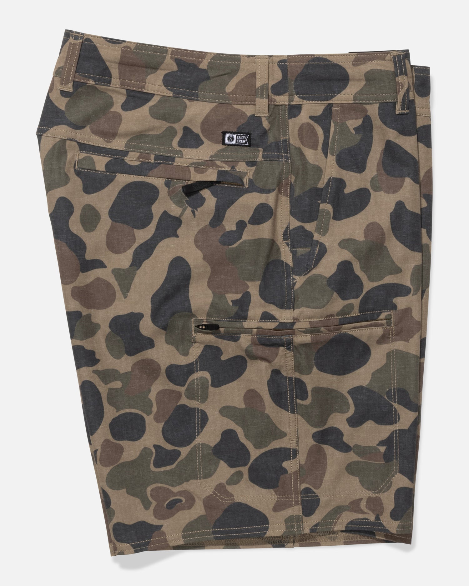 The Salty Crew Transom 19" Tech Short in Sand Camo is made from recycled polyester and features a green, brown, and black camo pattern, zipper pocket, back pocket, belt loops, and a black brand label for rugged style.