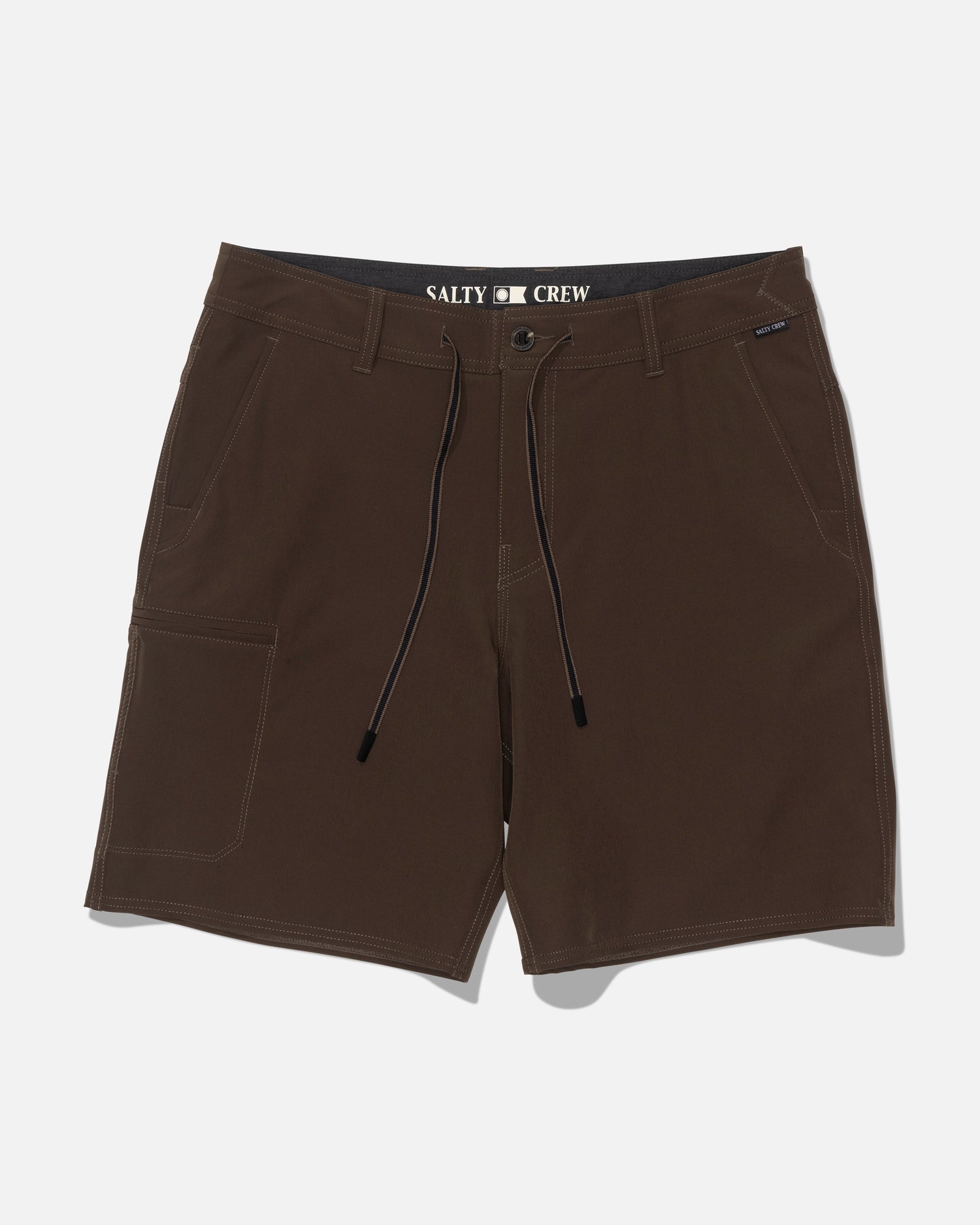 The Salty Crew Transom 19″ Tech Short in washed brown features front and side pockets, a black drawstring, button closure, and an inner waistband label. Made from quick-dry fabric with 4-way stretch for all-day comfort, these men’s shorts are displayed on a plain white background.