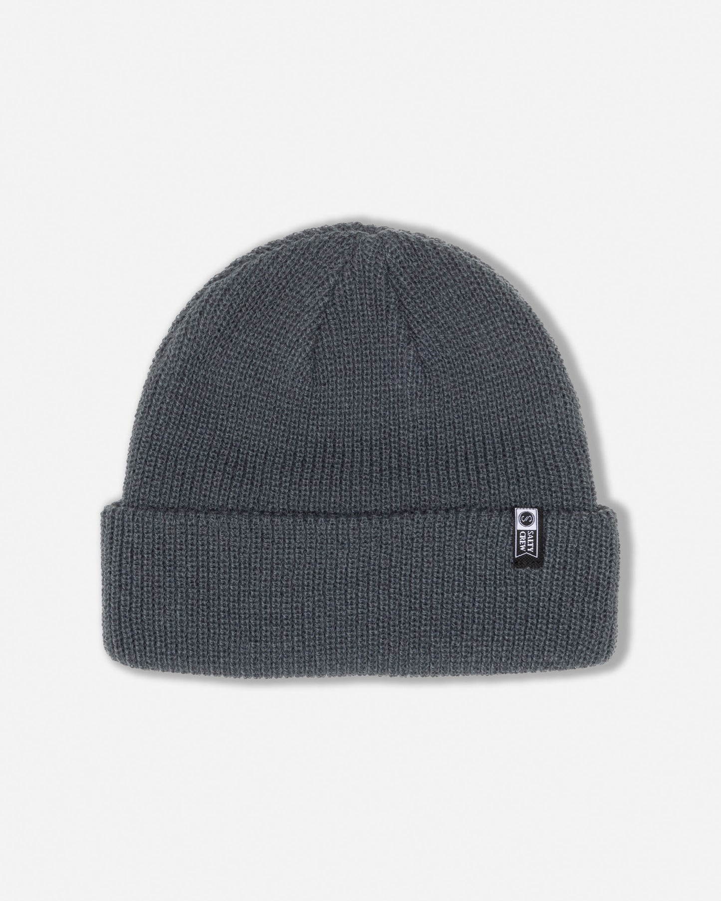 The Salty Crew Alpha Beanie in Agave is a dark grey acrylic watch cap with classic six-dart construction for an optimal fit, finished with a small woven clamp label on the folded brim. Shown here photographed against a plain white background.