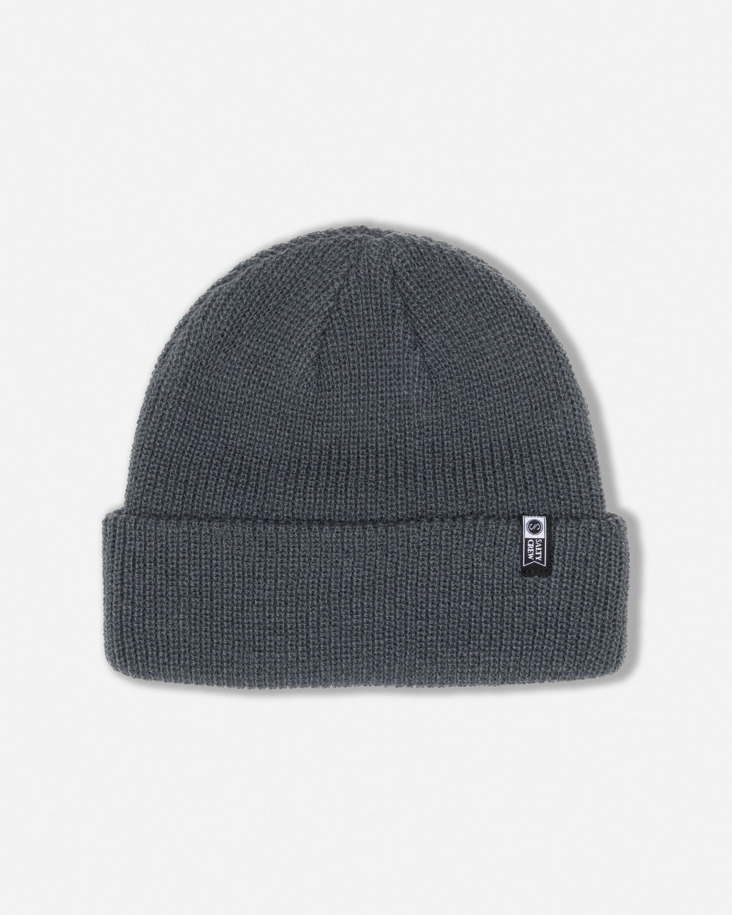The Salty Crew Alpha Beanie in Agave is a dark grey acrylic watch cap with classic six-dart construction for an optimal fit, finished with a small woven clamp label on the folded brim. Shown here photographed against a plain white background.