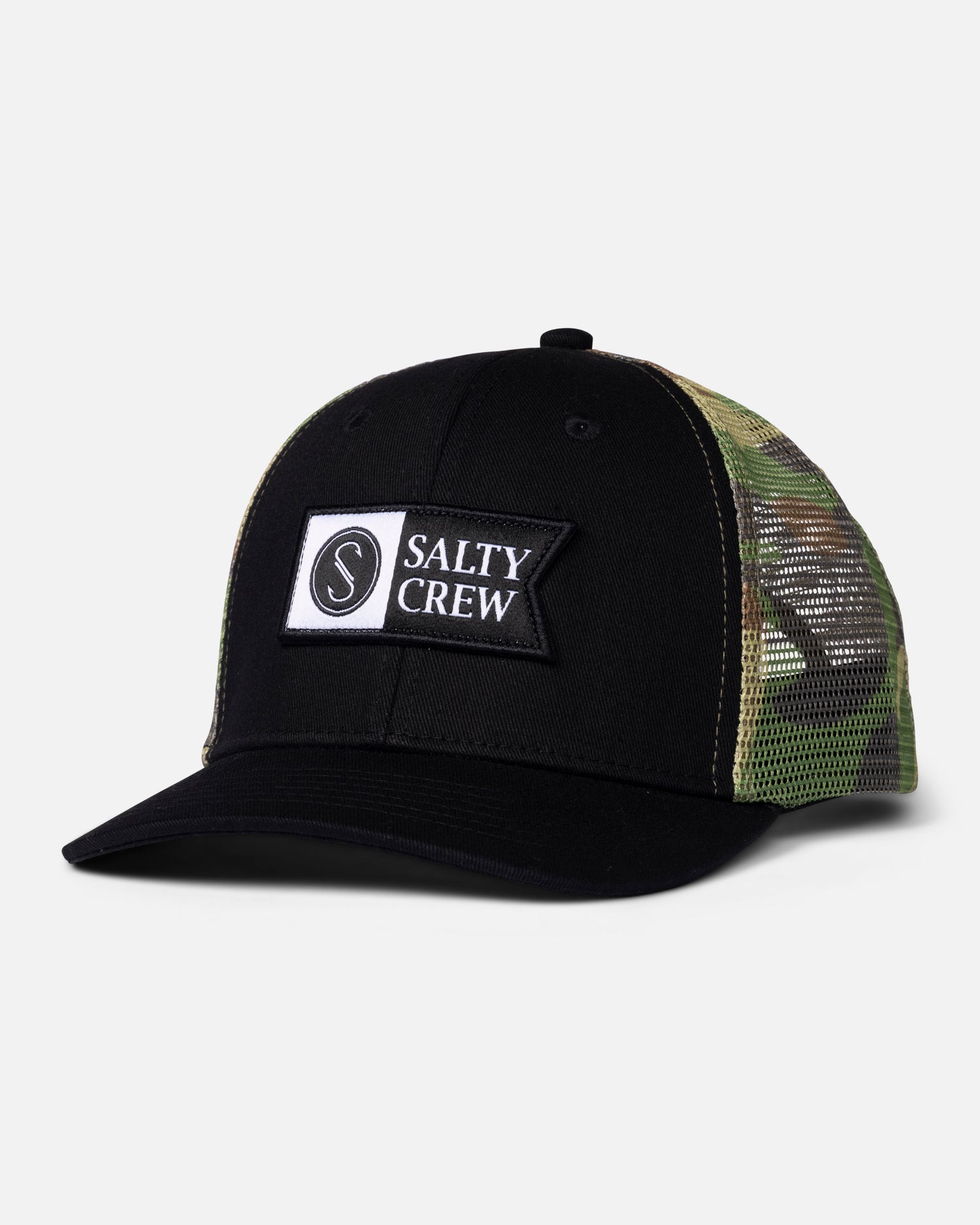Front view of the Pinnacle Boys Retro Trucker Hat - Black Camo. 
