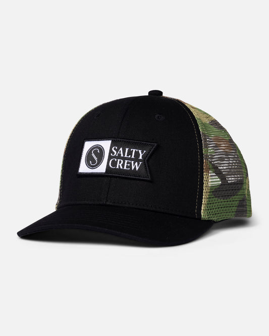 Front view of the Pinnacle Boys Retro Trucker Hat - Black Camo. 
