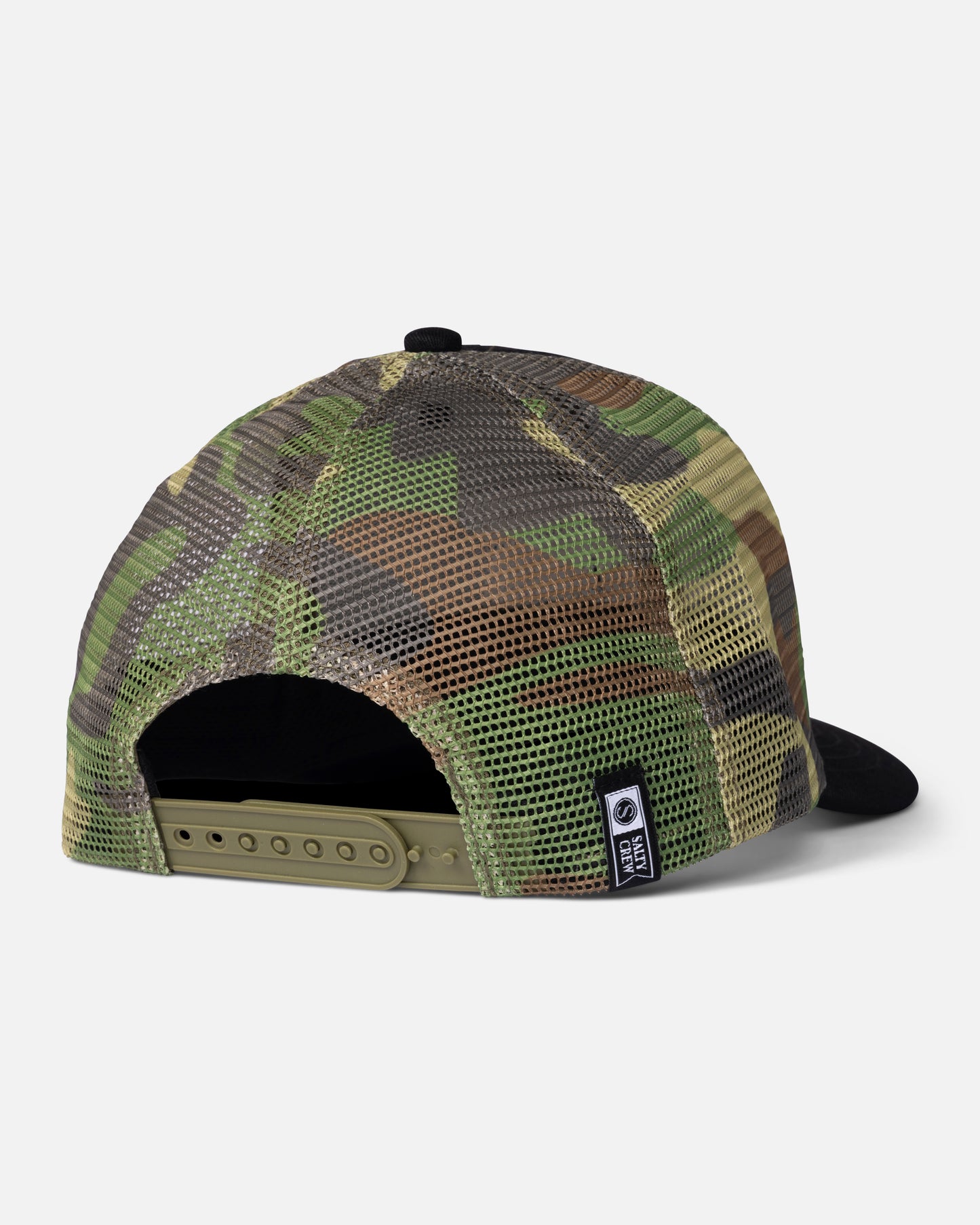 Back view of the Pinnacle Boys Retro Trucker Hat - Black Camo. 