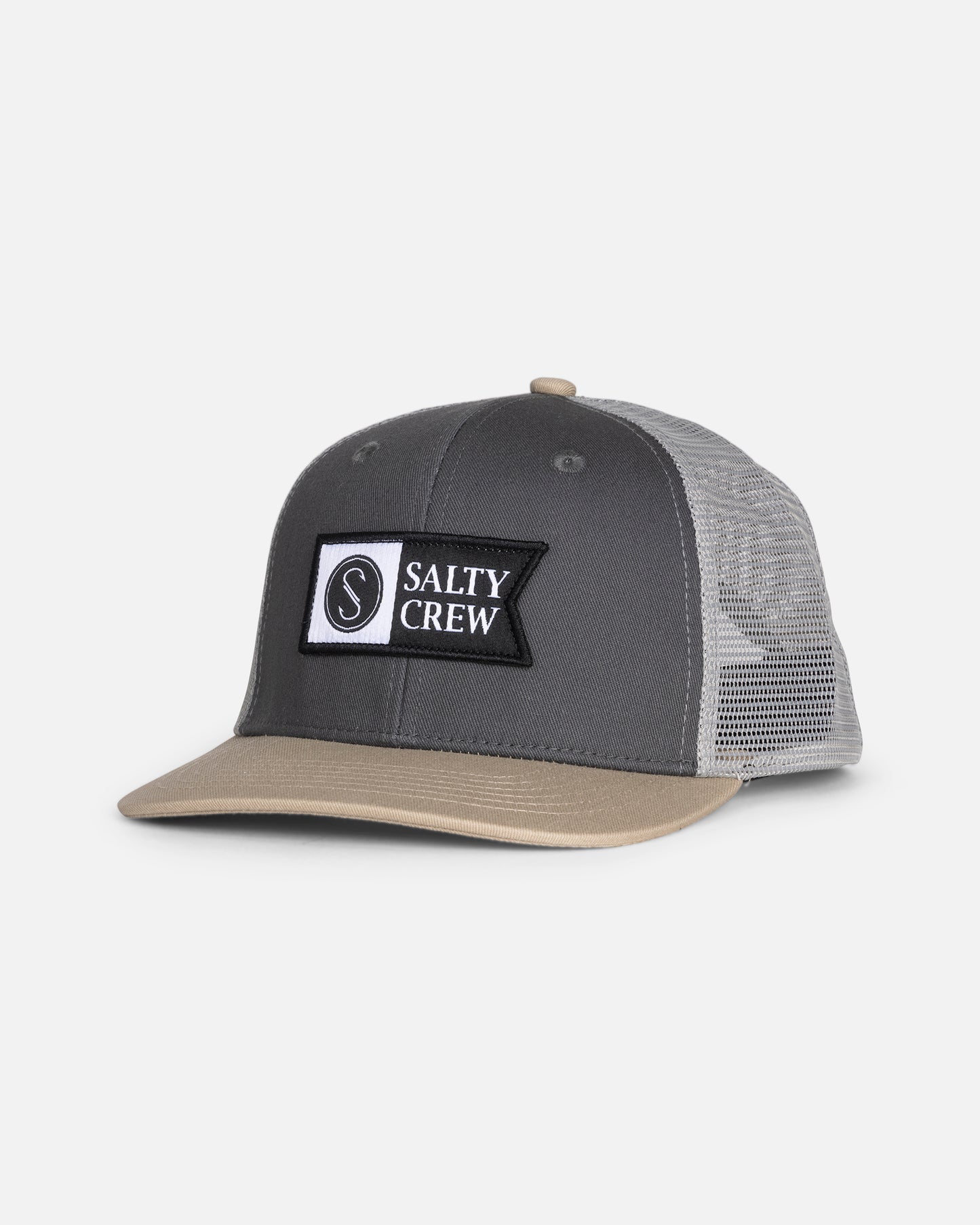 Front view of the Pinnacle Boys Retro Trucker - Grey/Tan. 