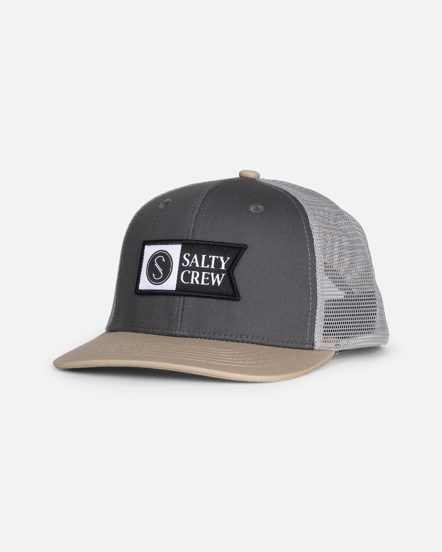 Front view of the Pinnacle Boys Retro Trucker - Grey/Tan. 